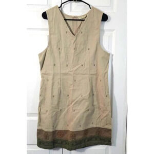 Jenna Lane New York Brown Embroidered V-Neck Sheath‎ Dress Large Linen Blend